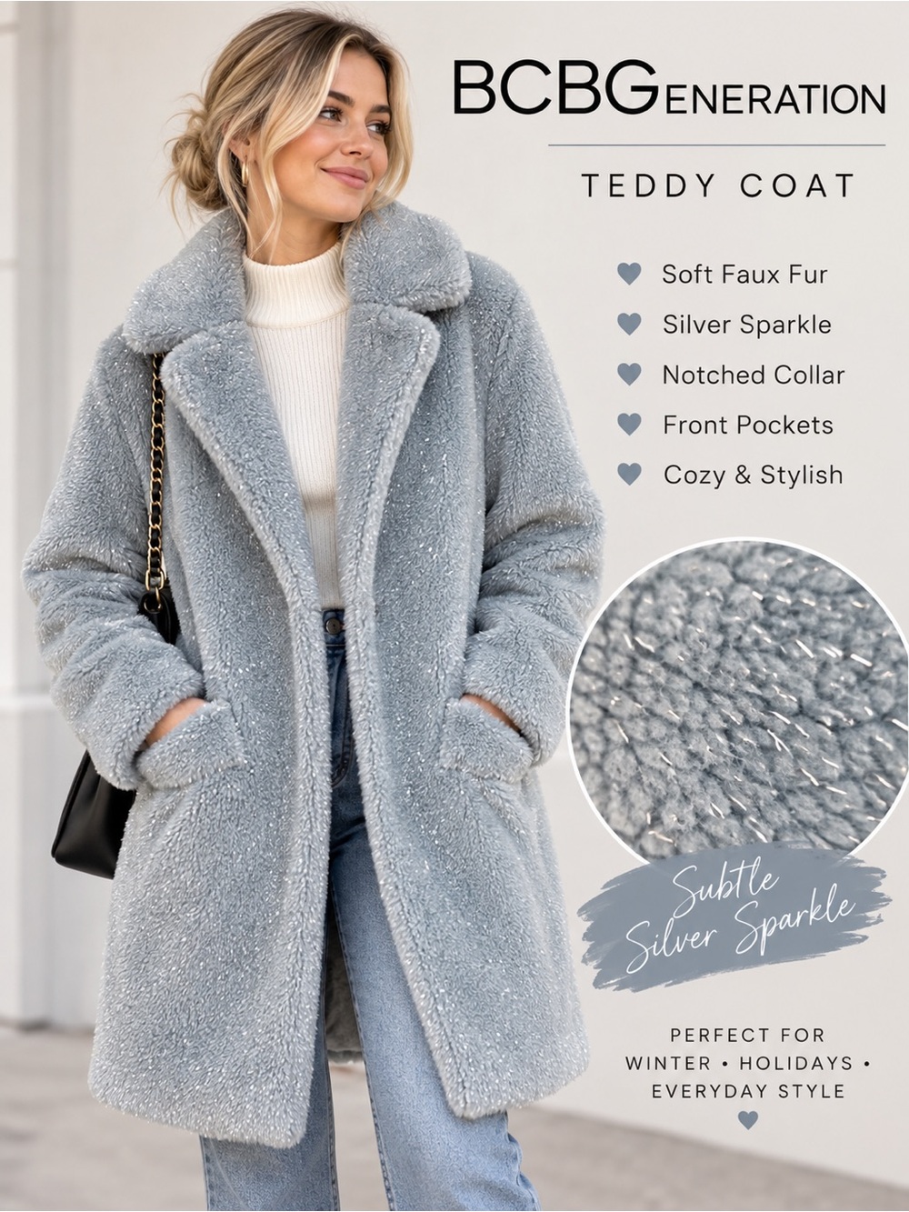 BCBGeneration Light Blue Silver Sparkle Teddy Faux Fur Coat Size S